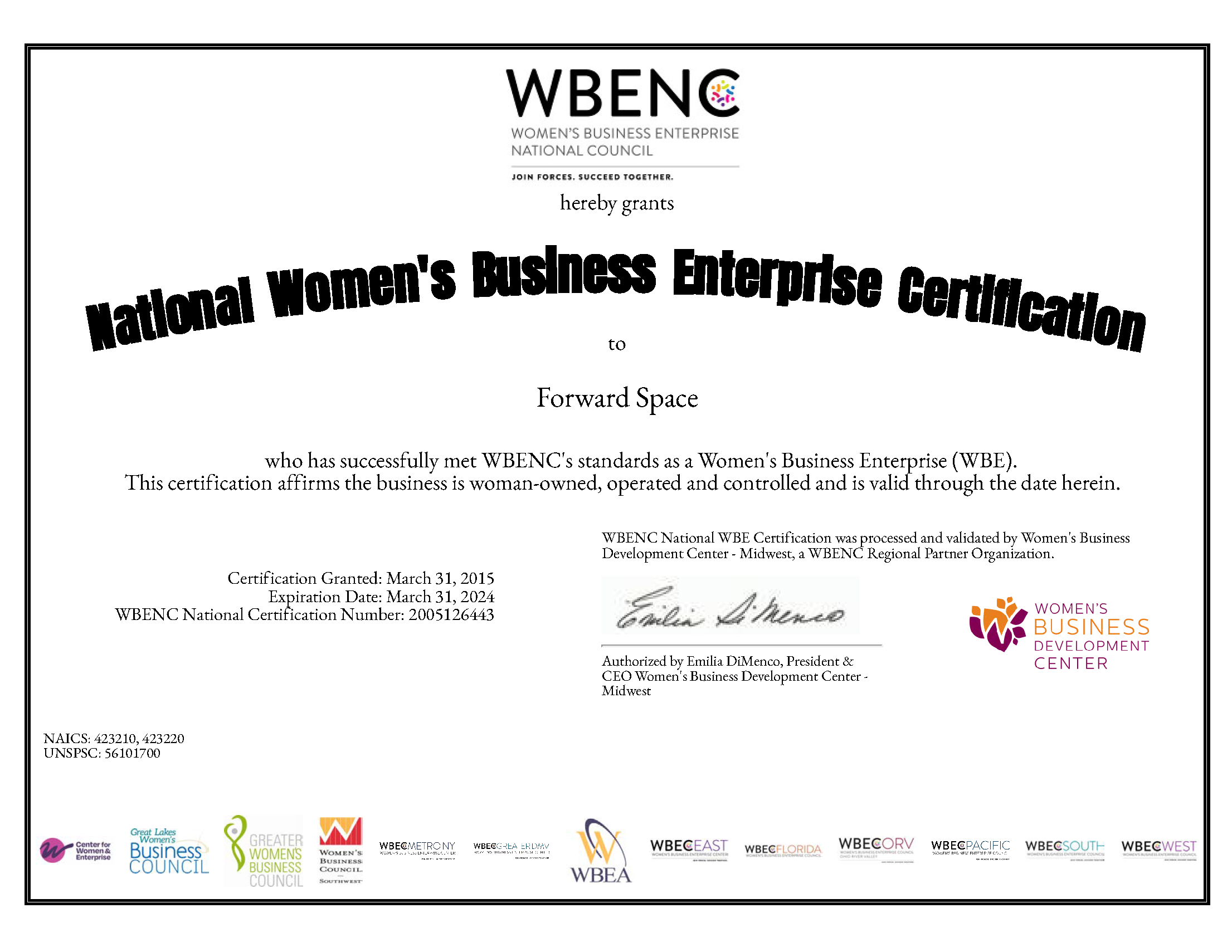 A WBENC Certificate for Forward Space 