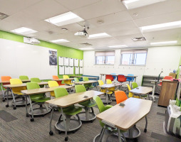Steelcase Node chairs and Verb tables in furnished classroom.